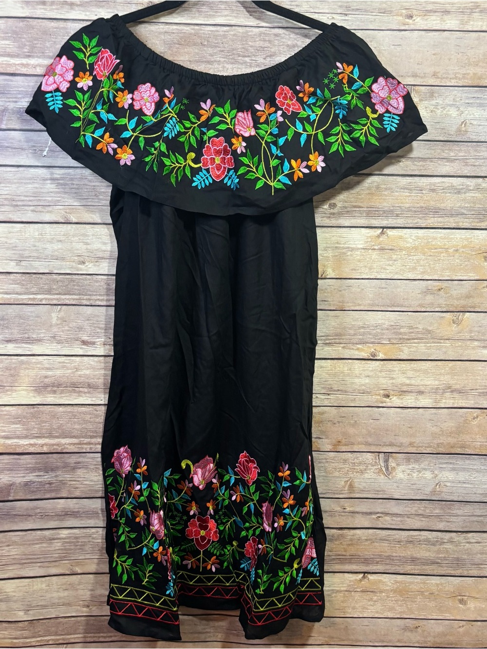 Royal Moda Embroidered Mexican Peasant Tunic Dress Black Boho Floral Size Med
